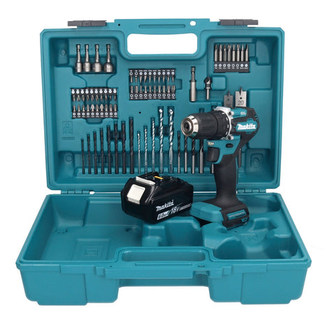 Makita DDF 487 G1X1 taladro atornillador inalámbrico 18 V 40 Nm sin escobillas + 1x batería 6,0 Ah + juego de accesorios 74 piezas + maletín - sin cargador