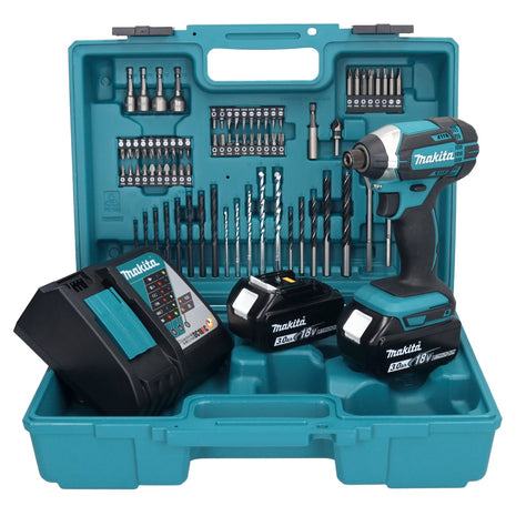 Makita DTD152F1X1 Visseuse à percussion sans fil 165Nm 18V 1/4" + 2x Batteries 3,0Ah + Chargeur + Coffret + Set d'accessoires, 74 pcs.