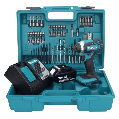 Makita DTD 152 RT1X1 llave de impacto a batería 18 V 165 Nm 1/4" + 1x batería 5,0 Ah + cargador + set de accesorios 74 piezas + estuche