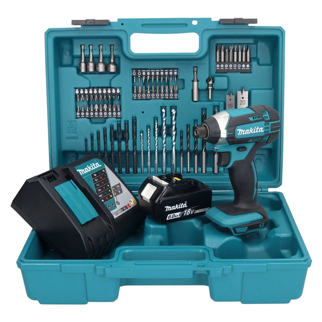 Makita DTD 152 RG1X1 Llave de impacto a batería 18 V 165 Nm 1/4" + 1x batería 6,0 Ah + cargador + set de accesorios 74 piezas + estuche