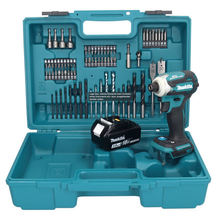 Makita DTD 171 F1X1 llave de impacto a batería 18 V 180 Nm 1/4" sin escobillas + 1x batería 3,0 Ah + set de accesorios 74 piezas + maletín - sin cargador