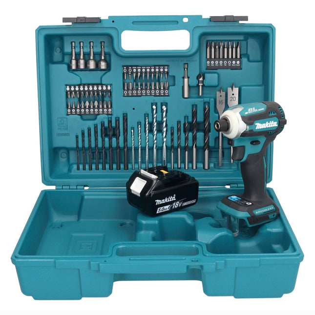 Makita DTD 171 T1X1 Akku Schlagschrauber 18 V 180 Nm 1/4" Brushless + 1x Akku 5,0 Ah + 74 tlg. Zubehörset + Koffer - ohne Ladegerät