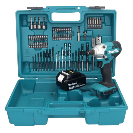 Makita DTD156T1X1 Cordless Hammer Drill 155Nm 18V 1/4" + 1x Battery 5.0Ah + Case + Accessory Set, 74 pcs. - without charger