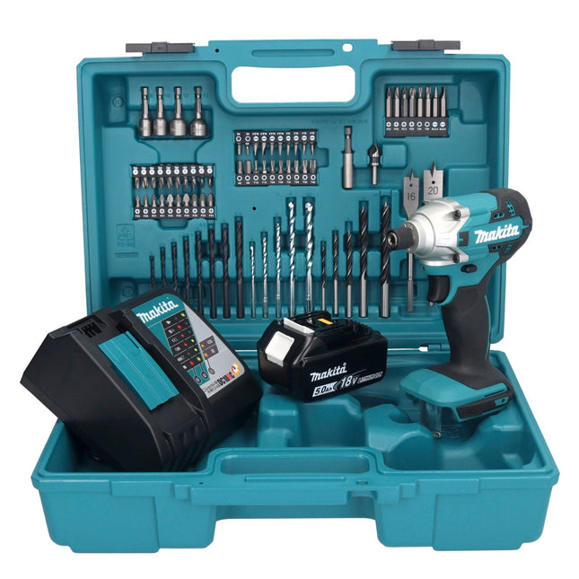 Makita DTD 156 RT1X1 llave de impacto a batería 18 V 155 Nm 1/4" + 1x batería 5,0 Ah + cargador + set de accesorios 74 piezas + estuche