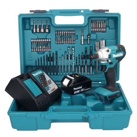 Makita DTD156RT1X1 Visseuse à percussion sans fil 155Nm 18V 1/4" + 1x Batterie 5,0Ah + Chargeur + Coffret + Set d'accessoires, 74 pcs.