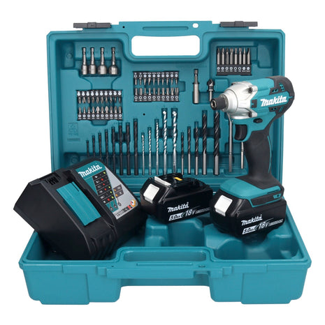 Llave de impacto a batería Makita DTD 156 RTX1 18 V 155 Nm 1/4" + 2x baterías 5,0 Ah + cargador + set de accesorios 74 piezas + estuche