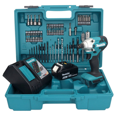 Makita DTD156G1X1 Cordless Hammer Drill 155Nm 18V 1/4" + 1x Battery 6.0Ah + Charger + Case + Accessory Set, 74 pcs.