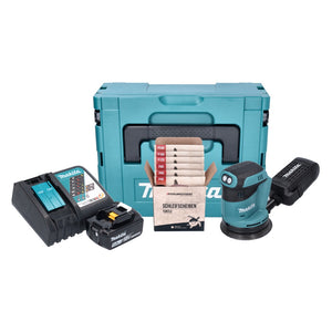 Makita DBO 180 RT1J Akku Exzenterschleifer 18 V 125 mm + 1x Akku 5,0 Ah + Ladegerät + Toolbrothers TURTLE Schleifset + Makpac