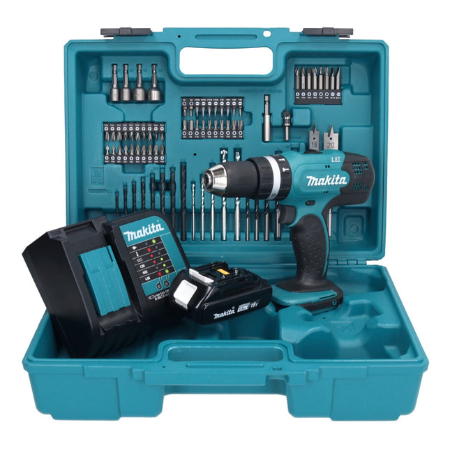 Taladro percutor inalámbrico Makita DHP 453 SY1X1 18 V 42 Nm + 1x batería 1,5 Ah + cargador + set de accesorios 74 piezas + estuche