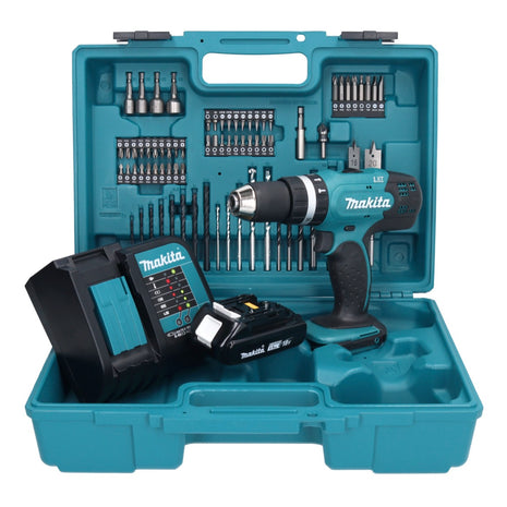 Taladro percutor inalámbrico Makita DHP 453 SY1X1 18 V 42 Nm + 1x batería 1,5 Ah + cargador + set de accesorios 74 piezas + estuche