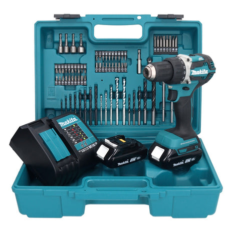 Makita DDF 484 SYX1 taladro atornillador inalámbrico 18 V 54 Nm + 2x baterías 1,5 Ah + cargador + set de accesorios 74 piezas + maletín