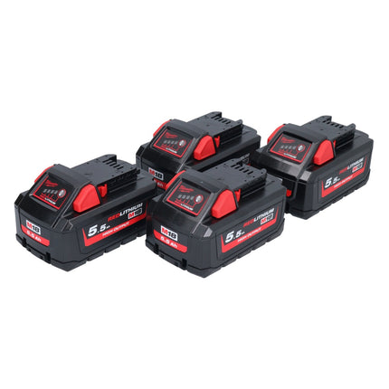 Zestaw akumulatorów Milwaukee M18 HB 5.5 4x 18 V 5,5 Ah / 5500 mAh Li-Ion High Output ( 4x 4932464712 ) ze wskaźnikiem poziomu naładowania