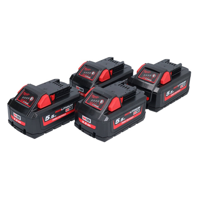 Milwaukee M18 HB 5,5 Akku Set 4x 18 V 5,5 Ah / 5500 mAh Li-Ion High Output ( 4x 4932464712 ) mit Ladestandsanzeige