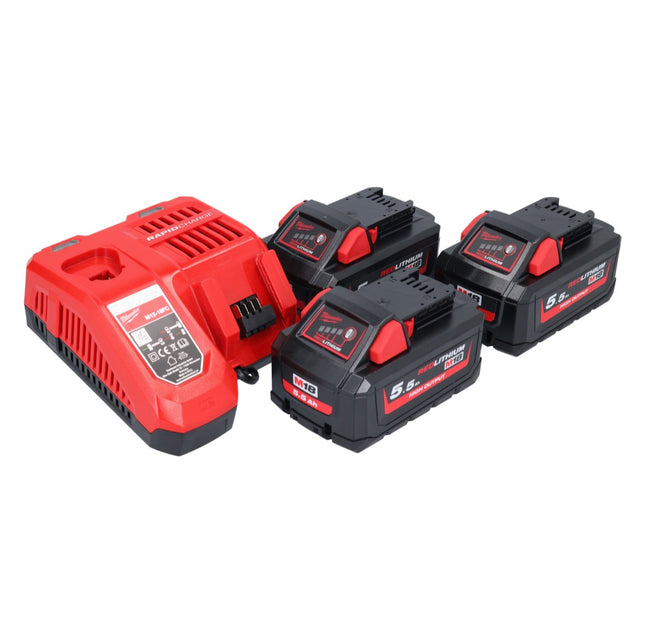 Milwaukee M18 NRG-553 Set di avviamento batteria ad alta potenza 18 V + 3x batteria 5,5 Ah ( 3x 4932464712 ) + caricatore M12-18 FC ( 4932451079 )