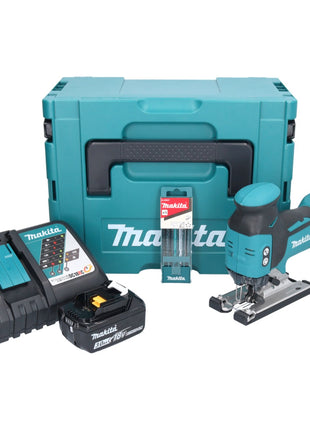 Makita DJV 181 RF1J Seghetto alternativo a batteria 18 V Brushless + 1x batteria 3,0 Ah + caricabatterie + set di 5 pezzi di lame per sutura + Makpac