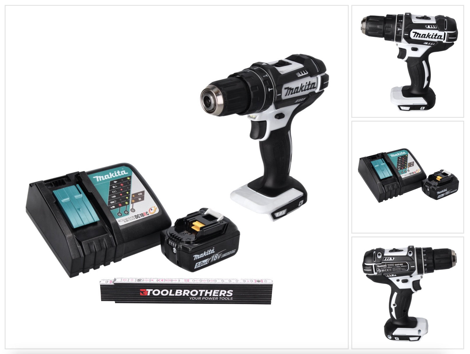 Toolbrothers Gliedermassstab DHP 482 RT1 W Akku Schlagbohrschrauber 18 V 62 Nm 1x Akku 5 0 Ah Ladegeraet 0 - toolbrothers
