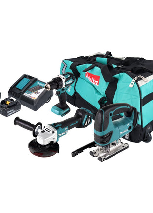 Kit combinato Makita DLX 3152 TX1 Batteria 18 V DDF 484 + DGA 511 + DJV 180 + 2x batteria 5,0 Ah + caricabatterie + borsa