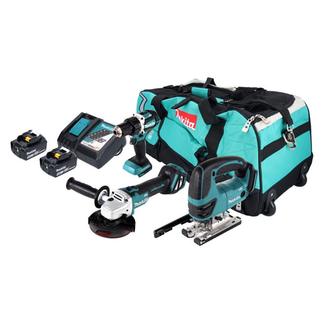 Kit combinato Makita DLX 3152 TX1 Batteria 18 V DDF 484 + DGA 511 + DJV 180 + 2x batteria 5,0 Ah + caricabatterie + borsa