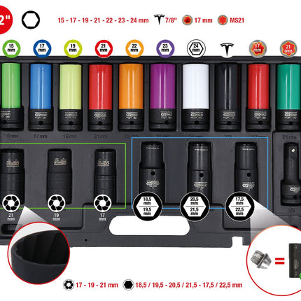KS TOOLS 1/2" MASTER Spezial-Kraft-Stecknuss-Satz für Radverschraubungen, 17-tlg ( 515.0885 ) - Toolbrothers