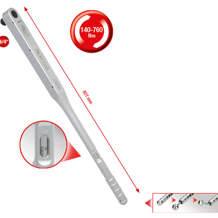 KS TOOLS Llave dinamométrica ALUTORQUEprecision de 3/4', 140-760 Nm, apriete hacia la derecha, cuadrado conductor único  ( 516.5045 )