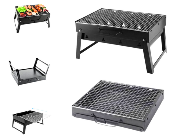 Toolbrothers Outdoor portable charcoal grill for camping tool-free assembly 43 x 29 x 23 cm black chrome coated Smoker BBQ Pit Grill