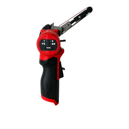 Lima de banda de batería Milwaukee M12 FBFL10-502 12 V 10 x 330 mm + 2x baterías 5,0 Ah + cargador
