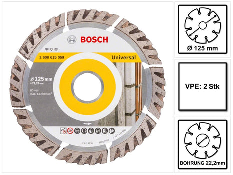 Bosch Standard for Universal Disques à tronçonner diamantés 125 x 22,23 mm 2 pces ( 2x 2608615059 ) pour béton, acier-béton, brique, calcaire et sable-pierre