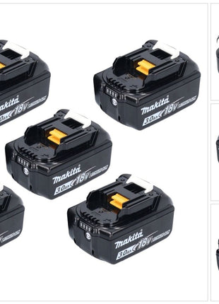 Makita battery set 5x BL 1830 B 18 V 3.0 Ah / 3000 mAh Li-Ion ( 5x 197599-5 ) with LED display - original, not a replica