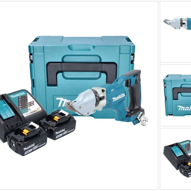 Makita DJS 200 RTJ cordless sheet metal shears 18 V 2.0 mm brushless + 2x rechargeable battery 5.0 Ah + charger + Makpac