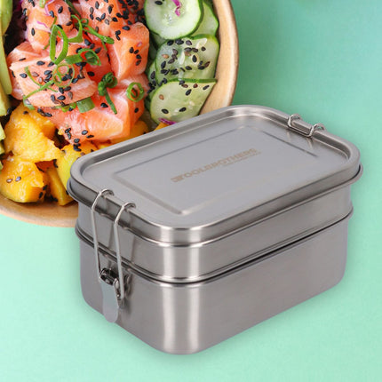 Toolbrothers Fan Boîte à déjeuner en étui rigide avec Sac de transport étanche avec 2 étages et couvercle en acier inoxydable 1340 ml + Gourde en acier inoxydable 600 ml + Couverts multifonctions 4 en 1