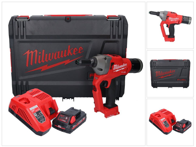 Remachadora sin cable Milwaukee M18 ONEFPRT-301X 18 V 20 kN sin escobillas + 1x batería recargable 3,0 Ah + cargador + caja HD