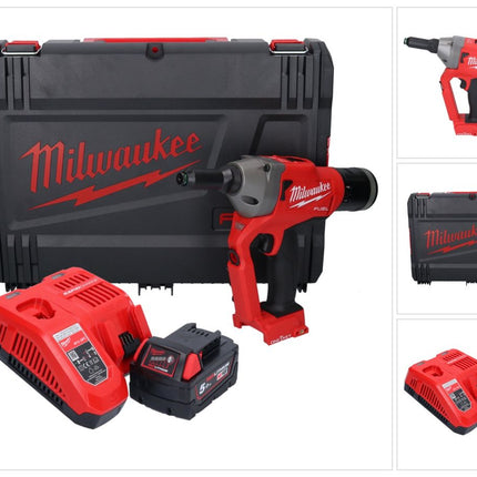 Remachadora sin cable Milwaukee M18 ONEFPRT-501X 18 V 20 kN sin escobillas + 1x batería recargable 5,0 Ah + cargador + caja HD