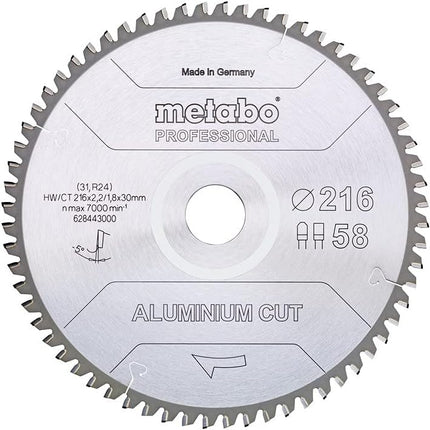 Metabo Aluminium Cut - Lama circolare professionale 216 x 30 mm Z58 FZ/TZ 5 NEG ( 628443000 ) per alluminio