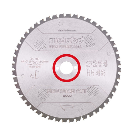 Metabo Precision Cut Wood - Hoja de sierra circular profesional 254 x 30 mm Z48 (628221000) WZ 5° NEG