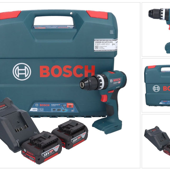 Bosch GSB 18V-45 Profesjonalna akumulatorowa wiertarko-wkrętarka udarowa 18 V 45 Nm bezszczotkowa + 2x akumulator 4,0 Ah + ładowarka + walizka L