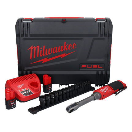 Milwaukee M12 FPTR-202X Akku Durchgangsratsche 12 V 81 Nm 1/4" 3/8" Brushless ( 4933480754 ) + 2x Akku 2,0 Ah + Ladegerät + HD-Box