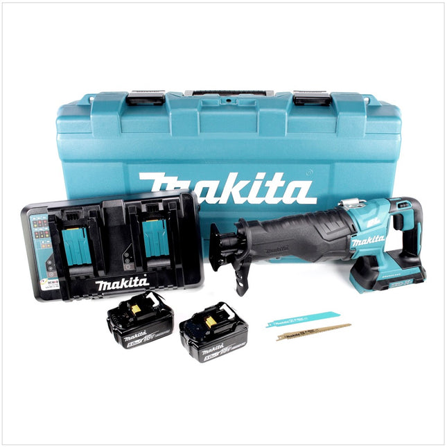 Makita DJR 360 PTK Seghetto diritto 18Vx2 ( 36V ) a batteria in valigetta + 2x Batterie BL 1850 5,0 Ah + Caricabatterie doppio DC 18 RD