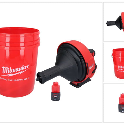 Limpiador de tuberías a batería Milwaukee M12 BDC8-201C 12 V + 1x batería 2,0 Ah + espiral + cubo - sin cargador