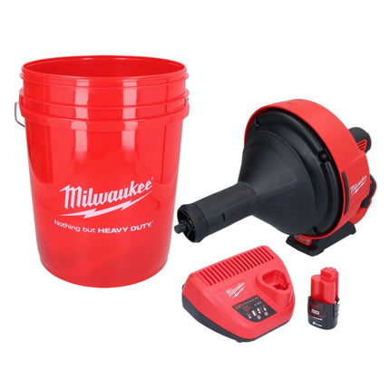 Limpiador de tuberías a batería Milwaukee M12 BDC8-201C 12 V + 1x batería 2,0 Ah + cargador + espiral + cubo