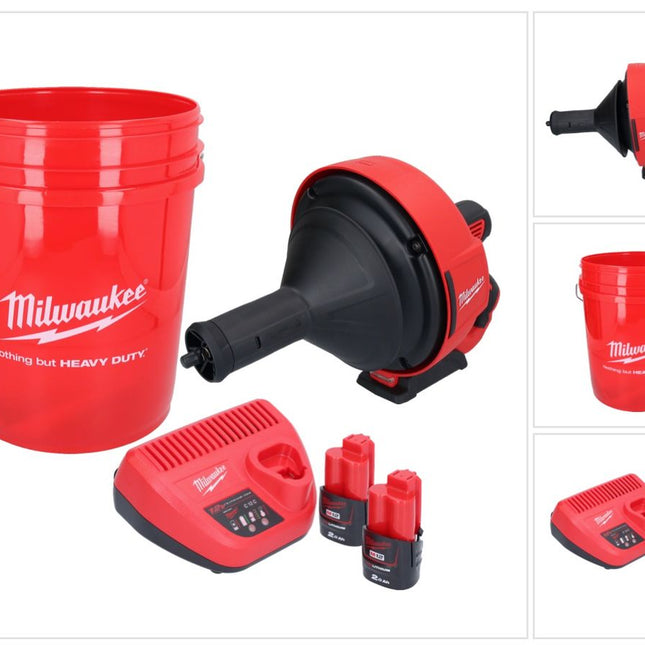 Milwaukee M12 BDC8-202C Akku Rohrreinigungsgerät 12 V + 2x Akku 2,0 Ah + Ladegerät + Spirale + Eimer