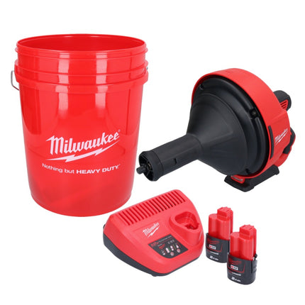 Limpiador de tuberías a batería Milwaukee M12 BDC8-202C 12 V + 2x baterías 2,0 Ah + cargador + espiral + cubo