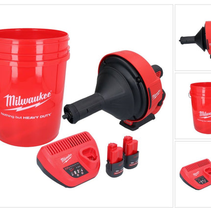 Limpiador de tuberías a batería Milwaukee M12 BDC8-252C 12 V + 2x baterías 2,5 Ah + cargador + espiral + cubo