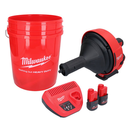 Limpiador de tuberías a batería Milwaukee M12 BDC8-252C 12 V + 2x baterías 2,5 Ah + cargador + espiral + cubo