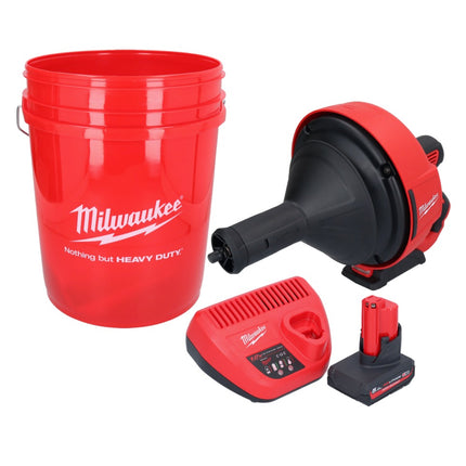 Limpiador de tuberías a batería Milwaukee M12 BDC8-501C 12 V + 1x batería 5,0 Ah + cargador + espiral + cubo