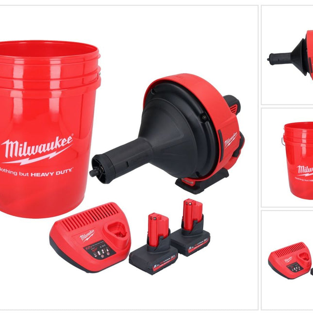 Limpiador de tuberías a batería Milwaukee M12 BDC8-502C 12 V + 2x baterías 5,0 Ah + cargador + espiral + cubo
