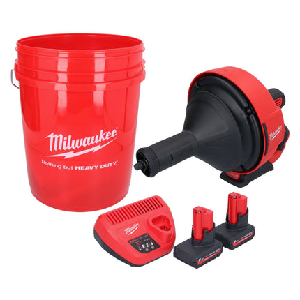 Limpiador de tuberías a batería Milwaukee M12 BDC8-502C 12 V + 2x baterías 5,0 Ah + cargador + espiral + cubo