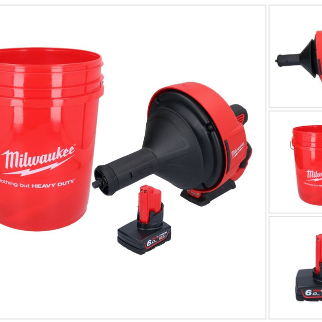 Milwaukee M12 BDC8-601C Akku Rohrreinigungsgerät 12 V + 1x Akku 6,0 Ah + Spirale + Eimer - ohne Ladegerät