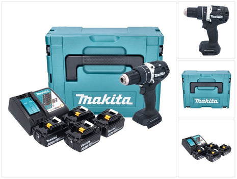 Makita DHP 484 T4JB Perceuse-visseuse à percussion sans fil 18 V 54 Nm Brushless noir + 4x batterie 5,0 Ah + chargeur + Makpac