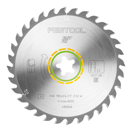 Festool HW 190x2,6 FF W32 Lame circulaire WOOD UNIVERSAL ( 492048 ) 190 x 2,6 mm 32 dents pour tous les bois, matériaux dérivés du bois, panneaux de particules, plaques de plâtre, plastique souple