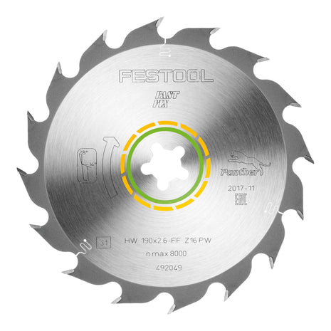 Festool HW 190x2.6 FF PW16 circular saw blade WOOD RIP CUT ( 492049 ) 190 x 2.6 mm 16 teeth for solid wood longitudinal cuts running towards the grain